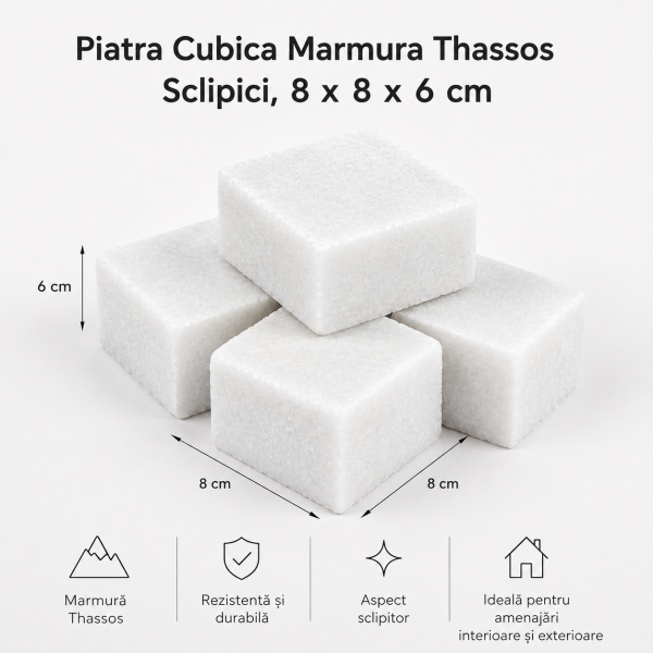 Piatra Cubica Marmura Thassos Sclipici 8x8x6 cm – Pavaj Exterior Premium din Marmura Naturala